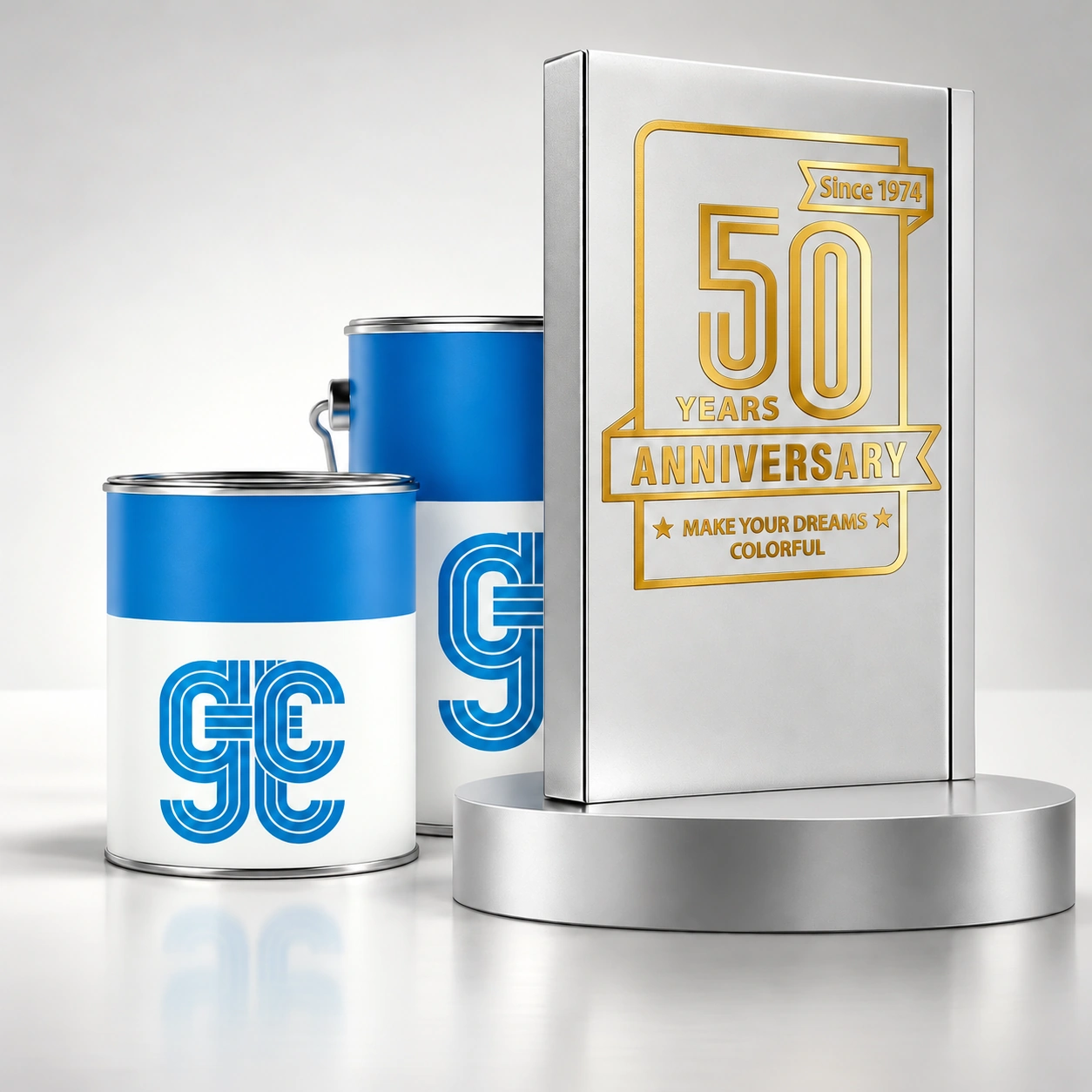 GTC 50 Years anniversary artwork showing two blue-and-white paint tins beside a silver plaque with reflective gold lettering