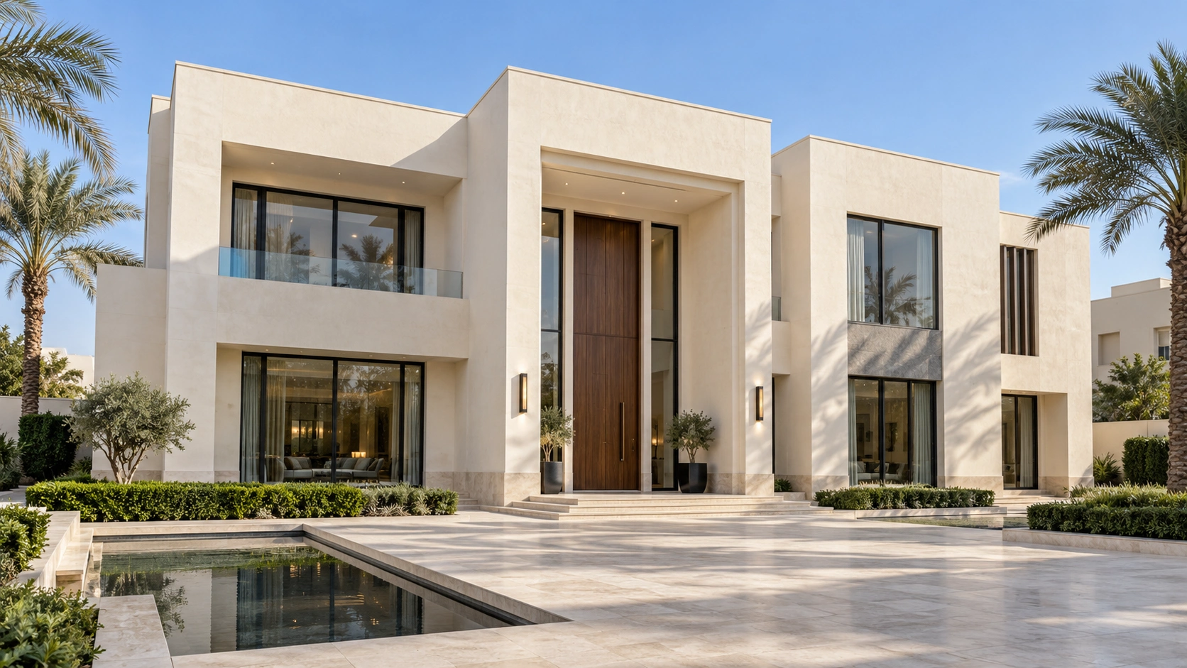 Large contemporary Kuwaiti villa with painted ivory facades, palms and a reflective pool